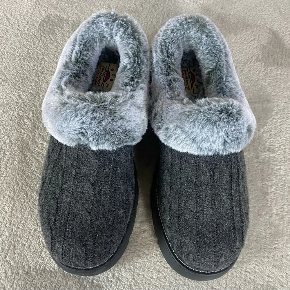 BOBS from Skechers Keepsakes Clogs Womens Size 8 Gray Fur Cable Knit Slipper NEW - Picture 8 of 9